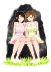 Rule 34 | 2girls, :d, ^ ^, arm support, artist request, bad id, bad pixiv id, bare legs, bare shoulders, barefoot, black hair, blush, brown eyes, brown hair, closed eyes, dress, closed eyes, feet, female focus, grass, highres, honda mio, idolmaster, legs, long hair, looking at another, multiple girls, neck, open mouth, pink dress, see-through, shimamura uzuki, short hair, sitting, sky, sleeveless, sleeveless dress, smile, star (sky), starry sky, white background, yellow dress, yuri