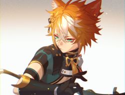 Rule 34 | 1boy, animal ears, arm guards, armband, black shirt, bow, bowtie, chromatic aberration, collared shirt, commentary, crop top, crossed bangs, dog boy, dog ears, foreshortening, frown, genshin impact, gold trim, gorou (genshin impact), gradient background, grey background, grey eyes, grey shirt, hair between eyes, hair ornament, hand up, holding, holding weapon, jesse (pixiv34586727), looking to the side, male focus, messy hair, multicolored hair, multicolored shirt, neck tassel, orange hair, shirt, short hair, short sleeves, sidelocks, solo, streaked hair, swept bangs, v-shaped eyebrows, weapon, weapon request, white background, white hair
