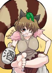 Rule 34 | 1girl, animal ears, barefoot, blush, breasts, brown dress, brown eyes, brown hair, commentary request, dated, dress, foot out of frame, futatsuiwa mamizou, glasses, grin, highres, impossible clothes, impossible dress, kei jiei, large breasts, leaf, leaf on head, looking at viewer, one-hour drawing challenge, one eye closed, pince-nez, pink shirt, raccoon ears, raccoon girl, raccoon tail, round eyewear, semi-rimless eyewear, shirt, short hair, sitting, smile, soles, solo, tail, toes, touhou, two-tone dress, yellow background