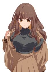 Rule 34 | 1girl, :o, alternate breast size, alternate costume, black sweater, breasts, brown eyes, brown hair, brown jacket, fate/extra, fate (series), holding, holding clothes, holding jacket, jacket, kishinami hakuno (female), large breasts, long hair, long sleeves, looking at viewer, medium bangs, open clothes, open jacket, pleated skirt, pochi-a, skirt, sweater, turtleneck, turtleneck sweater, white background