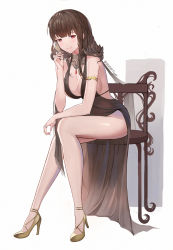 Rule 34 | 1girl, bare shoulders, black dress, breasts, brown hair, cleavage, dress, drinking, dsr-50 (girls&#039; frontline), dsr-50 (highest bid) (girls&#039; frontline), full body, girls&#039; frontline, high heels, highres, homong, jewelry, large breasts, long hair, looking at viewer, official alternate costume, pumps, red eyes, sitting, smile, solo, white background