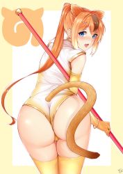 Rule 34 | 10s, 1girl, :d, animal ears, ass, bad id, bad pixiv id, bangle, blue eyes, blush, bracelet, brown hair, clothing cutout, cowboy shot, elbow gloves, from behind, gloves, golden snub-nosed monkey (kemono friends), highres, japari symbol, jewelry, kemono friends, leaning forward, leotard, long hair, looking back, monkey ears, monkey tail, multicolored hair, open mouth, orange hair, outside border, ponytail, smile, solo, staff, streaked hair, tail, tail through clothes, thighhighs, tomo (tomojo 8), two-tone hair, very long hair, white background, yellow thighhighs
