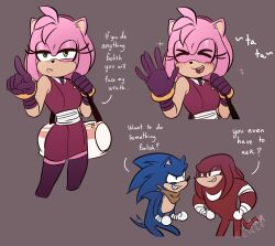 Rule 34 | 1girl, 2boys, absurdres, amy rose, bandaged arm, bandaged hand, bandages, furry, furry female, furry male, furry with furry, green eyes, highres, knuckles the echidna, multiple boys, pink hair, red hair, sonic (series), sonic the hedgehog, tail, toodamncycle