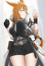 Rule 34 | 1girl, :o, absurdres, animal ears, antenna hair, arknights, black shorts, black vest, blush, braid, breasts, cowboy shot, closed eyes, gloves, grey background, hands up, highres, kroos (arknights), kroos the keen glint (arknights), long hair, medium breasts, navel, official alternate costume, orange hair, parted lips, rabbit ears, rabbit girl, shirt, shorts, simple background, single glove, solo, sora mame (princess 0sora), thighs, vest, white shirt
