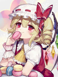Rule 34 | 1girl, ainy, alternate hairstyle, ascot, blonde hair, blush, closed mouth, commentary request, drill hair, flandre scarlet, food, hat, looking at viewer, macaron, puffy short sleeves, puffy sleeves, red eyes, short hair, short sleeves, side ponytail, smile, touhou, upper body, wings, wrist cuffs, yellow ascot