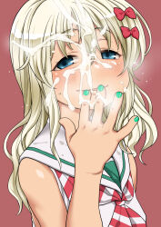 Rule 34 | 1girl, blonde hair, blue eyes, bow, commentary request, cum, cum on hair, diagonal-striped clothes, diagonal-striped neckerchief, facial, fingernails, grecale (kancolle), green nails, hair bow, harukaze unipo, highres, kantai collection, long hair, looking at viewer, nail polish, neckerchief, parted lips, red bow, red neckerchief, sailor collar, solo, striped clothes, striped neckerchief, upper body, white sailor collar
