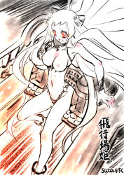 Rule 34 | 10s, 1girl, abyssal ship, airfield princess, artist name, black panties, blush, boots, bracer, breasts, character name, collarbone, colored skin, groin, horns, kantai collection, leg up, long hair, machinery, midriff, navel, nipples, open mouth, orange eyes, panties, partially undressed, runway, sata (sat), smile, solo, turret, underwear, very long hair, white footwear, white hair, white skin