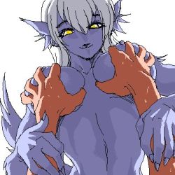 Rule 34 | grabbing another&#039;s breast, breasts, co.bayashi (artist), furry, glowing, grabbing, interspecies, lowres, oekaki, white hair, yellow eyes