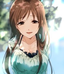 Rule 34 | 10s, 1girl, bad id, bad twitter id, blush, breasts, brown eyes, brown hair, cleavage, idolmaster, idolmaster cinderella girls, jewelry, long hair, looking at viewer, necklace, nitta minami, noda (yncoon), parted lips, smile, solo, upper body