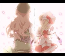 Rule 34 | 2girls, blonde hair, braid, brown hair, commentary request, female focus, flandre scarlet, from behind, holding hands, hat, hat ribbon, highres, hong meiling, letterboxed, long hair, multiple girls, petals, pointy ears, red eyes, ribbon, shunsuke, side ponytail, touhou, translation request, twin braids, wings, yuri
