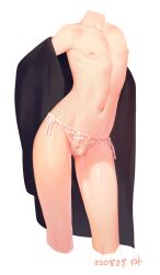 Rule 34 | 1boy, black robe, bulge, chinese commentary, collarbone, commentary request, contrapposto, cowboy shot, dated, gluteal fold, head out of frame, highres, kiyonagi, lace, lace panties, linea alba, male focus, navel, nipples, off shoulder, open clothes, open robe, original, panties, pectorals, robe, shiny skin, side-tie panties, simple background, solo, standing, stomach, string panties, torso, trap, underwear, undressing, white panties