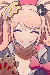 Rule 34 | 1girl, bear hair ornament, black shirt, blonde hair, bow, bowknot huhu, breasts, cleavage, collared shirt, commentary request, danganronpa: trigger happy havoc, danganronpa (series), enoshima junko, grin, hair ornament, holding hands, large breasts, looking at viewer, nail polish, portrait, red bow, red nails, shirt, sidelocks, sketch, smile, solo, sword hair ornament, twintails