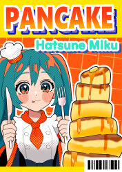 Rule 34 | 1girl, :p, absurdres, aqua eyes, aqua hair, barcode, bare shoulders, blue eyes, blue hair, blush, buttons, chef hat, coat, detached sleeves, double-breasted, english text, food, fork, halftone, hat, hatsune miku, highres, holding, holding fork, holding knife, hungry, kitchen knife, knife, long hair, looking at food, mini hat, neckerchief, pancake, red neckerchief, shirt, sleeveless, sleeveless coat, smile, solo, sparkling eyes, sugarmonaka, tongue, tongue out, twintails, very long hair, vocaloid