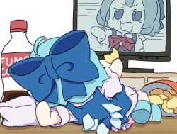 Rule 34 | 1girl, absurdres, ahoge, bag of chips, blue bow, blue dress, blue footwear, blue hair, bottle, bow, cirno, cola, dress, fairy, fumo (doll), hair bow, highres, ice, ice wings, indoors, kame (kamepan44231), shirt, shoes, short hair, short sleeves, solo, television, touhou, white shirt, wings