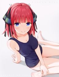 Rule 34 | 1girl, asou (asabu202), blue eyes, blush, breasts, cleavage, closed mouth, collarbone, feet, from above, go-toubun no hanayome, highres, large breasts, looking at viewer, nakano nino, one-piece swimsuit, purple hair, school swimsuit, shadow, short hair, sitting, smile, solo, swimsuit, two side up