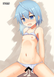 Rule 34 | 1girl, afterglow, bar censor, blue eyes, blue hair, blush, bra, breasts, censored, clothing aside, collarbone, cum, cum in pussy, fang, heavy breathing, kantai collection, minazuki (kancolle), navel, nipples, open mouth, panties, panties aside, penis, pepatiku, sex, short hair, signature, simple background, small breasts, solo, solo focus, straddling, striped bra, striped clothes, striped panties, underwear, underwear only