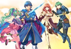 Rule 34 | 2boys, 2girls, :d, alm (fire emblem), armor, black thighhighs, blue eyes, blue footwear, blue hair, blush, bracelet, cape, celica (fire emblem), dress, earrings, falchion (fire emblem), fingerless gloves, fire emblem, fire emblem: mystery of the emblem, fire emblem: shadow dragon and the blade of light, fire emblem echoes: shadows of valentia, gloves, green eyes, green hair, hair ornament, headband, highres, holding, holding sword, holding weapon, jewelry, kakiko210, long hair, looking at viewer, marth (fire emblem), multiple boys, multiple girls, nintendo, open mouth, pink dress, pointy ears, ponytail, red eyes, red hair, ribbon, short dress, simple background, smile, sword, thighhighs, tiara, tiki (fire emblem), tiki (young) (fire emblem), weapon, white footwear