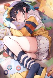 Rule 34 | 1girl, absurdres, animal, animal hug, asymmetrical legwear, bird, black hair, bloomers, blue eyes, commentary request, crayon, drooling, duck, duck slippers, fetal position, hairband, highres, hololive, hood, hood down, hooded jacket, jacket, kneehighs, looking at viewer, loose socks, loungewear, lying, mouth drool, multicolored clothes, multicolored jacket, nishiro hato, official alternate costume, official alternate hairstyle, on floor, on side, one eye closed, oozora subaru, oozora subaru (loungewear), open mouth, polka dot, polka dot bloomers, short hair, socks, solo, two side up, underwear, uneven legwear, virtual youtuber, waking up, white bloomers, white jacket, yellow hairband, yellow jacket