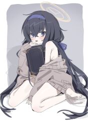 Rule 34 | 1girl, absurdres, barefoot, black hair, blue archive, blush, book, brown halo, cardigan, crossed bangs, grey cardigan, hair between eyes, hairband, halo, highres, holding, holding book, long hair, naked cardigan, nemo (leafnight), off shoulder, purple eyes, purple hairband, sitting, sleeves past wrists, smile, solo, ui (blue archive), very long hair, wariza
