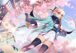 Rule 34 | &gt;:(, 1girl, ahoge, arm guards, black bow, black scarf, black thighhighs, blonde hair, blue sky, blurry, blurry foreground, bow, cherry blossoms, closed mouth, cloud, day, depth of field, dutch angle, fate (series), feet out of frame, glint, hair between eyes, hair bow, holding, holding sword, holding weapon, japanese clothes, katana, kimono, koha-ace, lantern, legs apart, long sleeves, obi, okita souji (fate), okita souji (koha-ace), open clothes, orange eyes, outdoors, petals, ponytail, sash, scarf, serious, short hair, sky, solo, spring (season), standing, sword, thighhighs, v-shaped eyebrows, weapon, white kimono, wide sleeves, xiaosan ye, zettai ryouiki