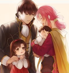 Rule 34 | 2boys, 2girls, :d, aged down, altenna (fire emblem), aym (ash3ash3ash), baby, blush, brother and sister, brown coat, brown eyes, brown hair, cape, closed eyes, coat, commentary request, dress, ethlyn (fire emblem), family, father and daughter, father and son, fire emblem, fire emblem: genealogy of the holy war, folded ponytail, hair ornament, hairband, hairclip, highres, holding baby, husband and wife, laughing, leif (fire emblem), long hair, mother and daughter, mother and son, multiple boys, multiple girls, nintendo, open mouth, pink hair, quan (fire emblem), red dress, red hairband, red shirt, shirt, siblings, smile, yellow cape