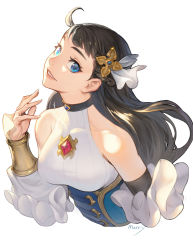 Rule 34 | 1girl, ahoge, aria chronicle, backlighting, bare shoulders, black choker, black hair, blue eyes, bracer, braid, breasts, character request, choker, corset, cross hair ornament, crown braid, detached sleeves, frilled sleeves, frills, gem, hair ornament, half updo, halterneck, head tilt, highres, lips, long hair, looking at viewer, medium breasts, morry, signature, simple background, solo, upper body, white background