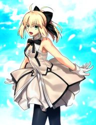 Rule 34 | 1girl, :d, ahoge, armpits, artoria pendragon (all), artoria pendragon (fate), black pantyhose, blonde hair, blue eyes, breasts, chietori, cleavage, dress, fate/grand order, fate/stay night, fate/unlimited codes, fate (series), gloves, open mouth, pantyhose, ponytail, saber (fate), saber lily, short hair, small breasts, smile, solo