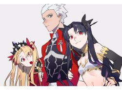 Rule 34 | 1boy, 2girls, archer (fate), arms at sides, bandeau, bare shoulders, black hair, blonde hair, breasts, cleavage, closed mouth, coat, detached collar, detached sleeves, earrings, ereshkigal (fate), fate/grand order, fate (series), green eyes, grey background, hand on own hip, highres, holding another&#039;s arm, ishtar (fate), jewelry, lips, long hair, looking at viewer, multiple girls, navel, open mouth, parted bangs, popped collar, red coat, red eyes, serita jon, short hair, simple background, small breasts, smile, tiara, twintails, upper body, very short hair, white hair