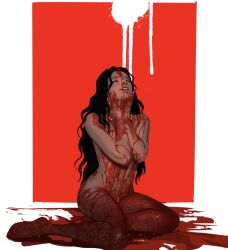 Rule 34 | 1girl, black hair, blood, blood on hands, blood stain, closed mouth, commentary, completely nude, english commentary, facing up, full body, hands on own face, highres, long hair, navel, necromilk, nude, on floor, original, parted lips, sitting, solo, teeth