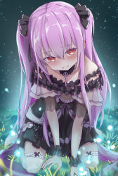 Rule 34 | 1girl, absurdres, arm support, bare shoulders, black dress, blush, brooch, closed mouth, collarbone, detached collar, dress, fireflies, frilled dress, frilled straps, frilled thighhighs, frills, gothic lolita, grass, highres, hololive, jewelry, kneeling, lolita fashion, long hair, looking at viewer, no shoes, off-shoulder dress, off shoulder, pink hair, red eyes, see-through, see-through sleeves, short dress, short sleeves, sidelocks, sleeve cuffs, slit pupils, smile, solo, thighhighs, two side up, uruha rushia, uruha rushia (3rd costume), virtual youtuber, white thighhighs, wristband, yakurope-moko