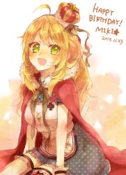 Rule 34 | 10s, 1girl, 2013, bad id, bad pixiv id, blonde hair, cape, character name, crown, dated, green eyes, happy birthday, hoshii miki, idolmaster, idolmaster (classic), long hair, red cape, smile, solo, yuurinmoku