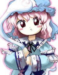 Rule 34 | 1girl, black ribbon, blue dress, blue hat, blush stickers, commentary, dress, frilled dress, frilled hat, frills, hat, highres, hitodama, holding, long sleeves, looking at viewer, medium hair, mob cap, neck ribbon, parted lips, pink hair, red eyes, ribbon, saigyouji yuyuko, solo, touhou, triangular headpiece, upper body, white background, yakumora n, zun (style)