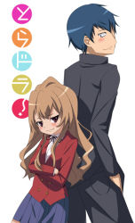 Rule 34 | 1boy, 1girl, aisaka taiga, black jacket, black pants, black ribbon, blue hair, blue skirt, blush, brown eyes, brown hair, buttons, closed mouth, commentary request, cowboy shot, double-breasted, jacket, lappingman, long hair, long sleeves, looking at another, neck ribbon, oohashi high school uniform, pants, pleated skirt, red jacket, ribbon, school uniform, shirt, simple background, skirt, smile, standing, takasu ryuuji, toradora!, white background, white shirt