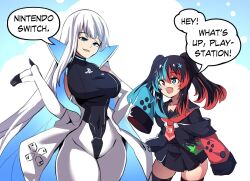 Rule 34 | 2girls, bare shoulders, black hair, blue eyes, blue hair, breasts, collaboration, comic, covered navel, english text, fang, game console, gloves, hair ornament, heterochromia, highleg, highleg leotard, highres, hinghoi, large breasts, leotard, long hair, merryweather, multicolored hair, multiple girls, nintendo switch, nintendo switch (personification), open mouth, original, personification, playstation 5, product girl, ps5 chan, red eyes, red hair, sailor collar, shirt, skirt, sleeves past wrists, speech bubble, thighhighs, twintails, white hair