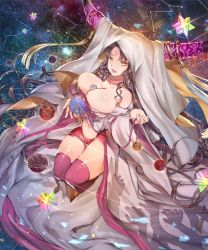 Rule 34 | 10s, 1girl, bare shoulders, between breasts, breasts, collarbone, constellation, detached sleeves, earth (planet), facial hair, facial mark, fate/extra, fate (series), forehead mark, giant, giantess, horns, huge breasts, huge giantess, long hair, navel, panties, pink thighhighs, planet, purple panties, purple skirt, saint quartz (fate), sessyoin kiara, skindentation, skirt, solo, space, star (symbol), teddy (khanshin), thighhighs, underwear, veil, very long hair, wavy hair, yellow eyes