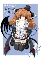 Rule 34 | 1girl, animal, animal ears, apron, armband, bandages, bandaid, black thighhighs, blue background, bow, brown hair, cat, cat ears, cat tail, cross, hat, kitty, lace, lace-trimmed legwear, lace trim, long hair, mary janes, mini hat, mini top hat, nekoneko, nurse, red cross, red eyes, safety pin, shoes, solo, stuffed animal, stuffed cat, stuffed toy, tail, tail bow, tail ornament, thighhighs, top hat, wings