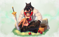 Rule 34 | 1boy, 1girl, :d, animal ears, apple, armpits, arms up, basket, blush, blush stickers, bread, breasts, brown thighhighs, cat ears, character request, cleavage, couple, ecell, fang, food, fruit, hair rings, hetero, highres, large breasts, little red riding hood, loaf of bread, mabinogi, open mouth, short hair, sitting, sitting on lap, sitting on person, smile, suspenders, sword, thighhighs, weapon, wolf, wolf ears
