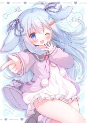 Rule 34 | 1girl, animal ears, blue background, blue eyes, blue hair, boots, carrot, dress, fake animal ears, grey footwear, hanasakichu, hand up, highres, long hair, looking at viewer, one eye closed, pleated dress, poil de carrote, pointing, pointing at viewer, short dress, solo, thighs, virtual youtuber, white dress
