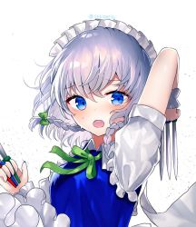 Rule 34 | 1girl, between breasts, between fingers, blue eyes, blush, bow, braid, breasts, collared shirt, commentary request, frills, furrowed brow, green neckwear, green ribbon, hair ribbon, holding, holding knife, izayoi sakuya, knife, knives between fingers, looking at viewer, maid, maid headdress, medium breasts, open mouth, ribbon, sakizaki saki-p, shirt, silver hair, simple background, solo, sweatdrop, teeth, touhou, tress ribbon, twin braids, upper body, upper teeth only, white background, wing collar