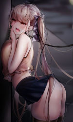 Rule 34 | 1girl, against wall, animal collar, ass, azur lane, black thighhighs, blurry, blurry background, breast press, breasts, brown thighhighs, cloud, collar, depth of field, formidable (azur lane), from side, geonjeonji, grey hair, hair ribbon, highres, lamppost, large breasts, leash, legs together, long hair, looking to the side, microskirt, night, night sky, open mouth, outdoors, public indecency, red eyes, ribbon, skindentation, skirt, sky, solo, thighhighs, trembling, twintails, very long hair