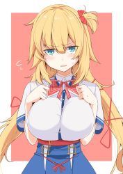 Rule 34 | 1girl, akai haato, akai haato (1st costume), between breasts, blonde hair, blouse, blue eyes, blush, breasts, collared shirt, hair ornament, hands on own chest, heart, heart hair ornament, hololive, kichihachi, large breasts, long hair, looking at viewer, open mouth, outside border, portrait, shirt, simple background, solo, string tie, sweat, very long hair, virtual youtuber, white shirt