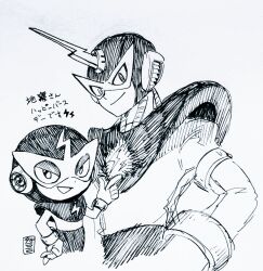 Rule 34 | 1boy, android, chibi, chibi inset, closed mouth, commentary request, domino mask, elec man, gloves, greyscale, hand on own hip, happy birthday, helmet, horns, lightning bolt symbol, looking at viewer, male focus, mask, mega man: powered up, mega man (classic), mega man (series), mega man 1, mega man megamix, monochrome, open mouth, seal impression, simple background, single horn, sketch, smile, snapping fingers, takenokonoko, traditional media, translation request, upper body, white background