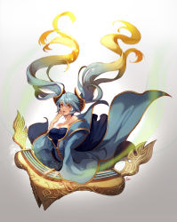Rule 34 | 1girl, aqua hair, bad id, bad pixiv id, bare shoulders, breasts, cleavage, cropped legs, hair ornament, hand to own mouth, highres, instrument, large breasts, league of legends, lips, long hair, nawol, solo, sona (league of legends), twintails, very long hair, yellow eyes