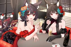 Rule 34 | 2girls, :d, absurdres, animal ears, azur lane, bare shoulders, black gloves, blush, breast rest, breasts, breasts on table, brown hair, cat ears, cat girl, cleavage, commentary request, cup, dress, drinking glass, fang, flower, gloves, hair between eyes, hair flower, hair ornament, hand on own cheek, hand on own face, hand on table, hand up, happy, head rest, highres, holding, holding cup, indoors, large breasts, leaning forward, letter, looking at viewer, medium hair, multiple girls, open mouth, orange flower, red dress, red eyes, red flower, red rose, rose, sleeveless, sleeveless dress, slit pupils, smile, strapless, strapless dress, upper body, yamaha tsui, yamashiro (azur lane), yamashiro (dressy black cat) (azur lane), yamashiro (meta) (azur lane)