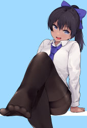 Rule 34 | 1girl, arm support, black hair, black pantyhose, blue background, blue bow, blue necktie, bow, collared shirt, commentary, crossed legs, english commentary, feet, hair bow, highres, leg up, long hair, long sleeves, looking at viewer, necktie, no shoes, okpriko, open mouth, original, pantyhose, ponytail, shirt, simple background, sitting, smile, solo, thai girl (okpriko), thighband pantyhose, toes, white shirt, wing collar