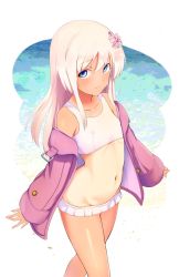 Rule 34 | 1girl, absurdres, bikini, bikini under clothes, blue eyes, blush, bow, breasts, closed mouth, commentary request, groin, hair between eyes, hair bow, hair ornament, highres, jacket, kantai collection, long hair, long sleeves, looking at viewer, moose (moosemitchell2), navel, official alternate costume, one-piece tan, ro-500 (kancolle), simple background, small breasts, smile, solo, stomach, swimsuit, swimsuit under clothes, tan, tanline, white background
