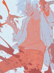 Rule 34 | 1boy, blood, blood splatter, chinese commentary, commentary request, cowboy shot, glasses, gun, highres, holding, holding gun, holding weapon, kanou aogu, lab coat, limited palette, long sleeves, male focus, open clothes, open mouth, pants, saibou shinkyoku, semi-rimless eyewear, shirt, simple background, smile, solo, sweat, weapon, white background, yile (yile2905)