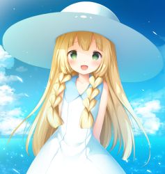 Rule 34 | 1girl, :d, arms behind back, bad id, bad pixiv id, blonde hair, blush, braid, cloud, collared dress, commentary request, creatures (company), day, dress, game freak, green eyes, hat, lillie (pokemon), long hair, looking at viewer, murano, nintendo, open mouth, outdoors, pokemon, pokemon sm, sky, sleeveless, sleeveless dress, smile, solo, sun hat, twin braids, white dress, white hat