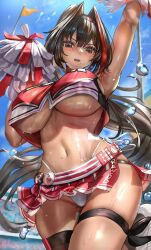 Rule 34 | 1girl, absurdres, arm up, bay (nikke), black hair, blue sky, blush, breasts, brown eyes, cheerleader, commentary request, dark-skinned female, dark skin, day, from below, goddess of victory: nikke, hair between eyes, highres, himonoata, holding, holding pom poms, large breasts, long hair, looking at viewer, low ponytail, miniskirt, mole, mole on stomach, mole under eye, mole under mouth, multicolored hair, navel, panties, pom pom (cheerleading), pom poms, red hair, red skirt, shiny skin, skirt, sky, solo, streaked hair, sweat, sweatdrop, thick thighs, thigh strap, thighs, underboob, underwear, v-shaped eyebrows, very long hair, white panties
