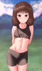 Rule 34 | 1girl, absurdres, arms behind back, bare arms, bare shoulders, blurry, blurry background, breasts, brown hair, cloud, collarbone, commentary, cowboy shot, day, english commentary, highres, iino miko, kaguya-sama wa kokurasetai ~tensai-tachi no renai zunousen~, long hair, low twintails, moriforests, navel, outdoors, small breasts, solo, stomach, sweat, twintails